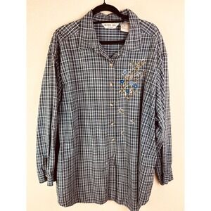 Victoria Jones Woman 4X Button Up Plaid‎ Floral Blouse Shirt Plus Embroidered